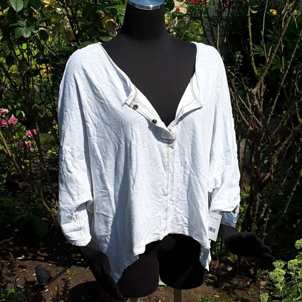 Free People First Base Henley Tee LS High Low Hem Slouchy Oversized White Sm NWT - Picture 6 of 7